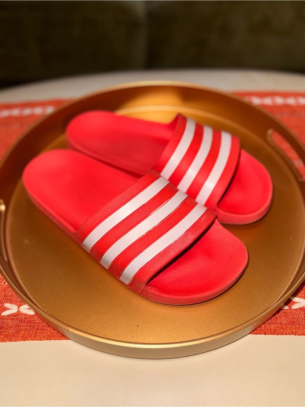 adidas Red Slides with White Stripe Detail